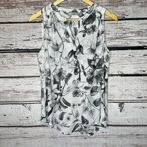 Dalia Size Small Semi Sheer‎ Sleeveless Blouse Gray White Floral V-Neck Pullover